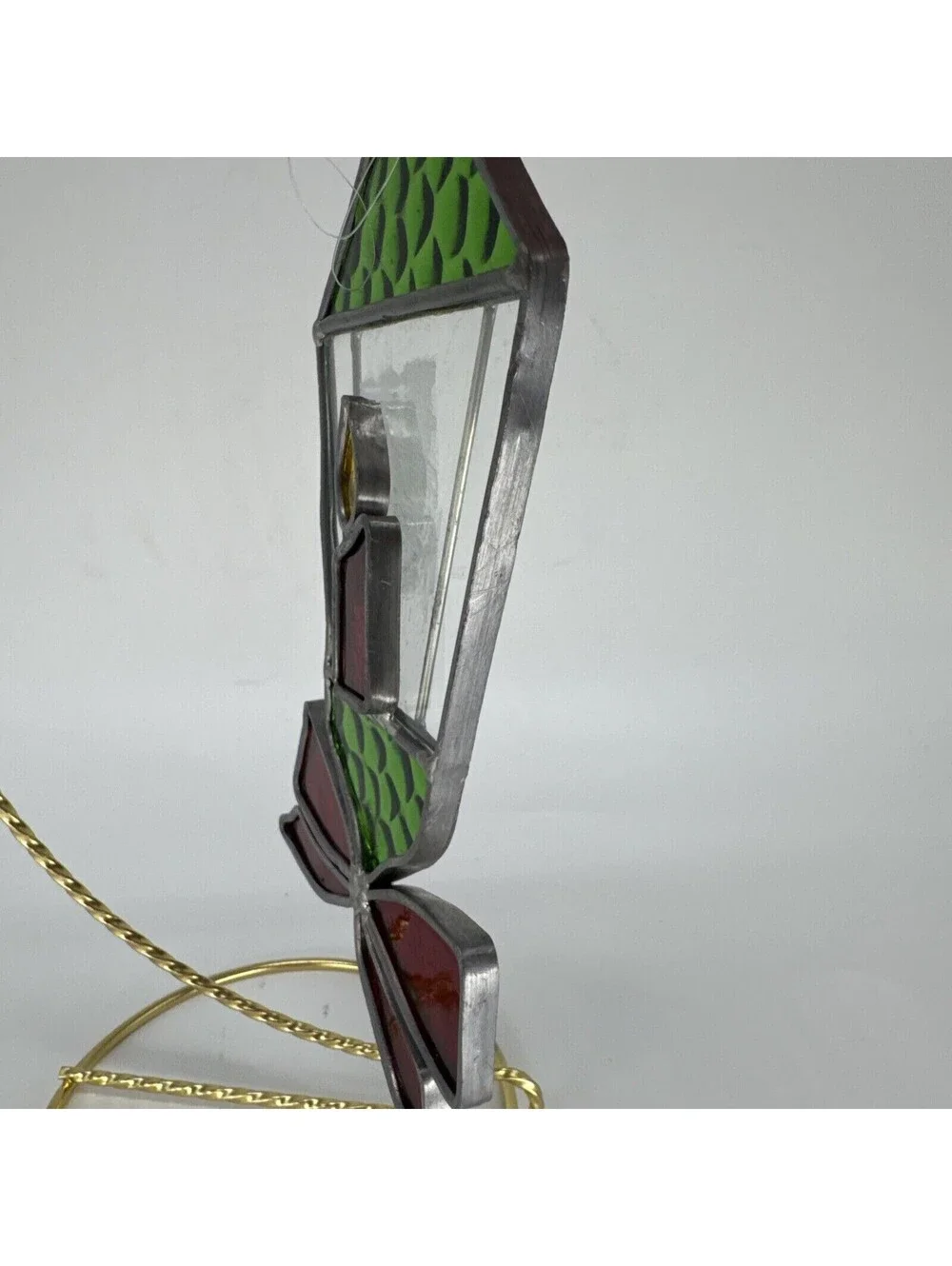2 Vintage Handmade Stained Glass Suncatcher Ornaments Santa Candle Lantern Bow